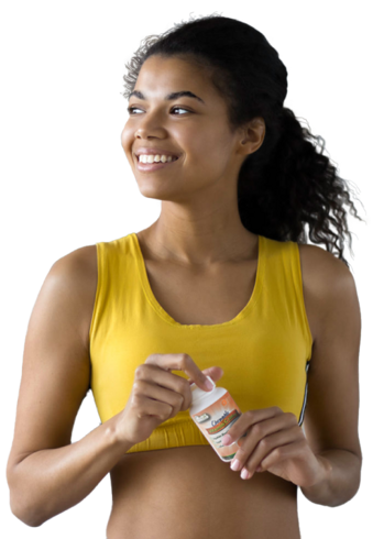 Sporty young woman holding AdvaLife supplements.