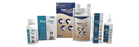 Therapeutic veterinary drug pour-on formulations in containers of different sizes.