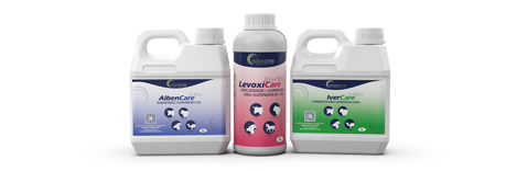 Large and medium bottles of veterinary medications for oral suspension.
