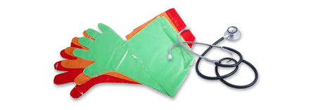 Veterinary clothing, PPE and supplies used for examination of farm animals, livestock and pets.