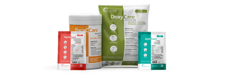 Bolsas o sobres con polvos solubles orales utilizados por veterinarios y ganaderos.