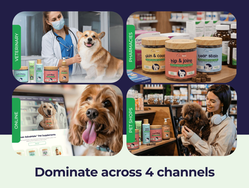AdvaMate pet supplement product range showcased across veterinary, pharmacy, online, and pet shop retail channels. AdvaMate pet supplement product range showcased across veterinary, pharmacy, online, and pet shop retail channels.