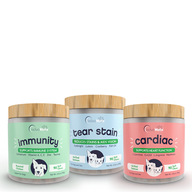 AdvaMate pet supplement jars featuring Immunity, Tear Stain, and Cardiac soft chews for dogs and cats. AdvaMate pet supplement jars featuring Immunity, Tear Stain, and Cardiac soft chews for dogs and cats.