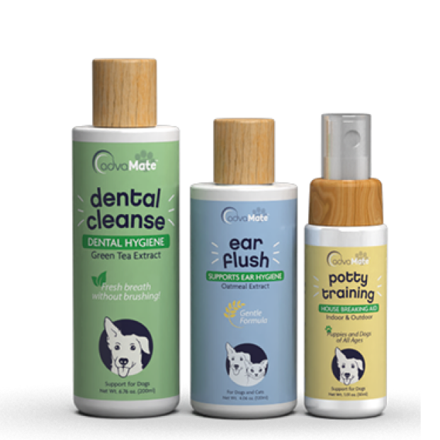 Productos para el cuidado de mascotas AdvaMate que incluyen botellas de atomizador para limpieza dental, lavado de oídos y entrenamiento para ir al baño.