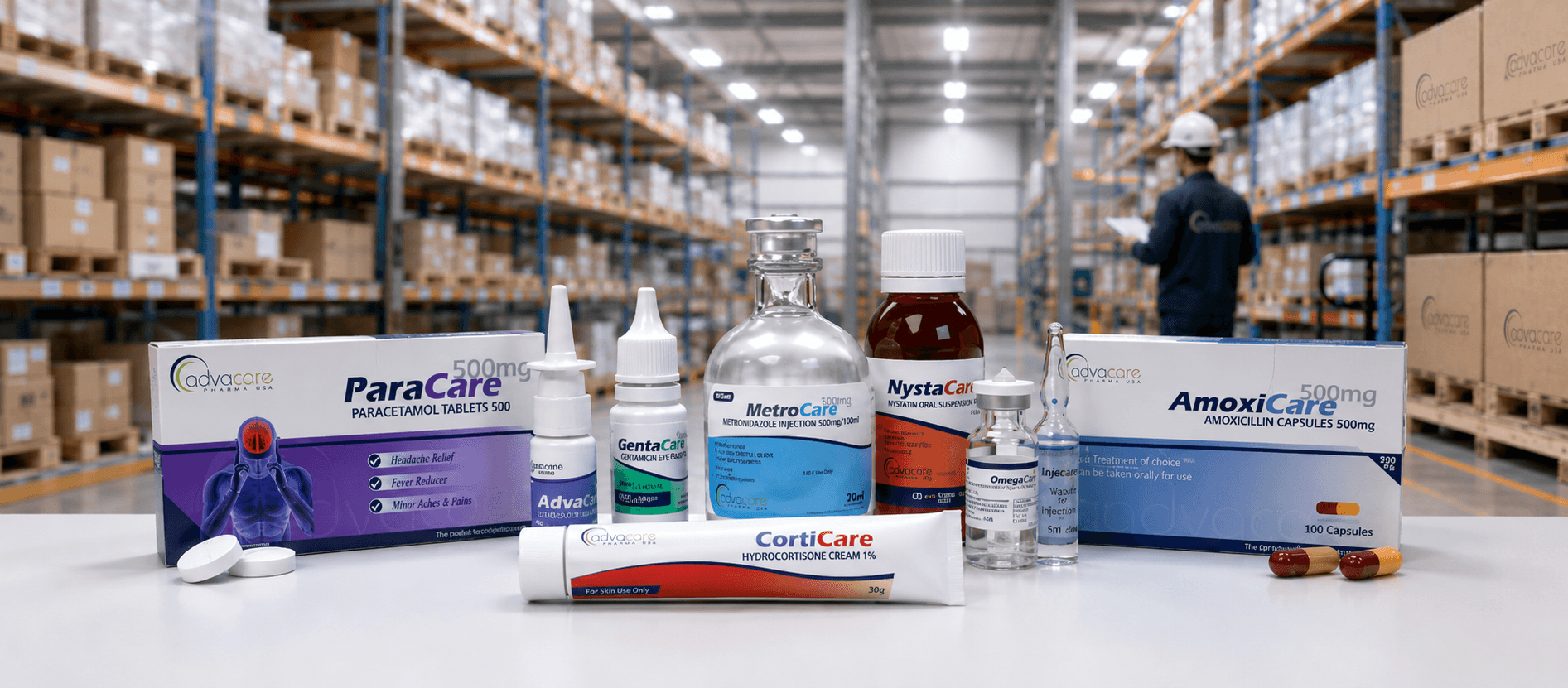Pharmaceutical product assortment including boxes, bottles, and vials in a warehouse storage facility.