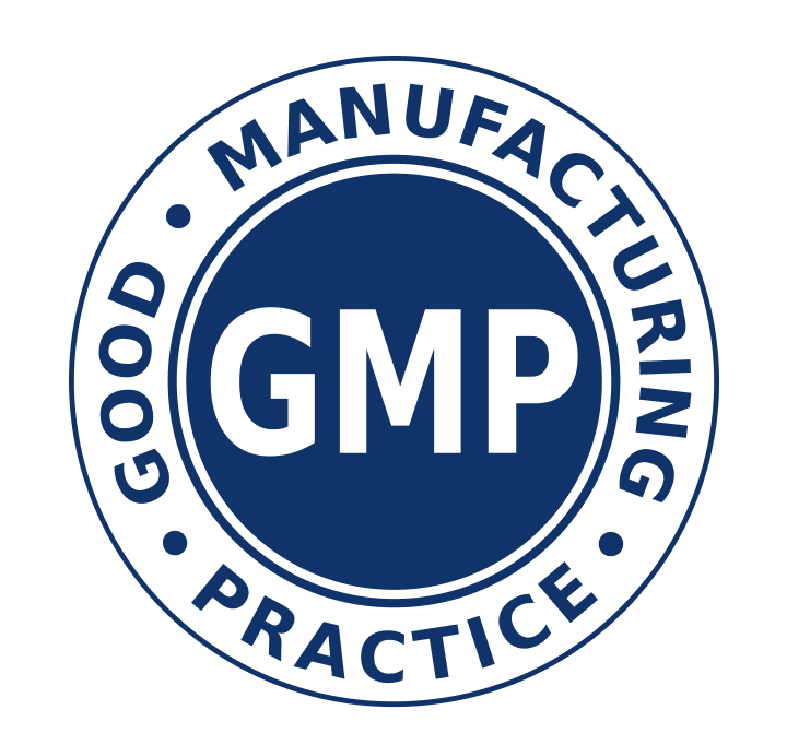 Good Manufacturing Practice (GMP) certified seal in dark blue and white circular badge design