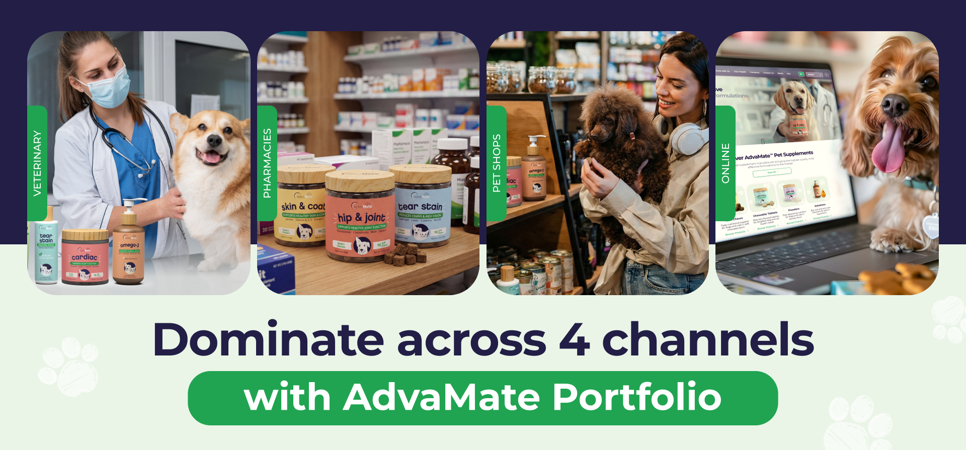 AdvaMate pet supplement products distributed across veterinary, pharmacy, retail, and online channels. AdvaMate pet supplement products distributed across veterinary, pharmacy, retail, and online channels.