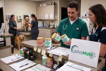 Veterinarios discutiendo suplementos para animales AdvaMate en el mostrador de recepción de una clínica veterinaria.