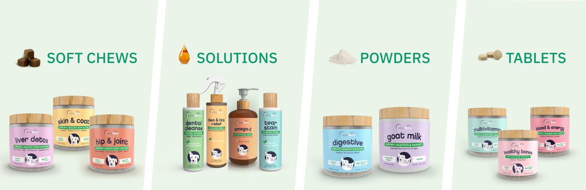 Portfolio de produits de santé animale AdvaMate présentant divers compléments à croquer, solutions topiques, poudres et comprimés.