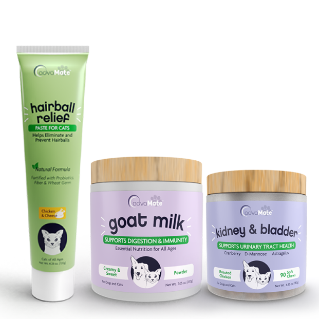 Produits de santé animale AdvaMate incluant pâte pour boules de poils, poudre de lait de chèvre et bouchées tendres pour reins et vessie. Produits de santé animale AdvaMate incluant pâte pour boules de poils, poudre de lait de chèvre et bouchées tendres pour reins et vessie.