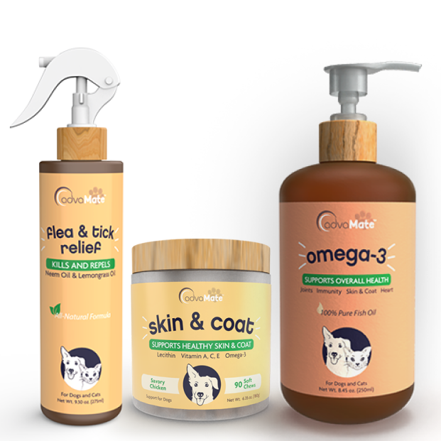 Productos de salud para mascotas AdvaMate que incluyen spray para pulgas y garrapatas, masticables para piel y pelaje, y botellas de aceite omega-3. Productos de salud para mascotas AdvaMate que incluyen spray para pulgas y garrapatas, masticables para piel y pelaje, y botellas de aceite omega-3.