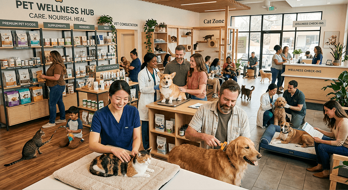 Moderno centro de bienestar para mascotas con veterinarios, dueños y varias mascotas recibiendo atención y chequeos.