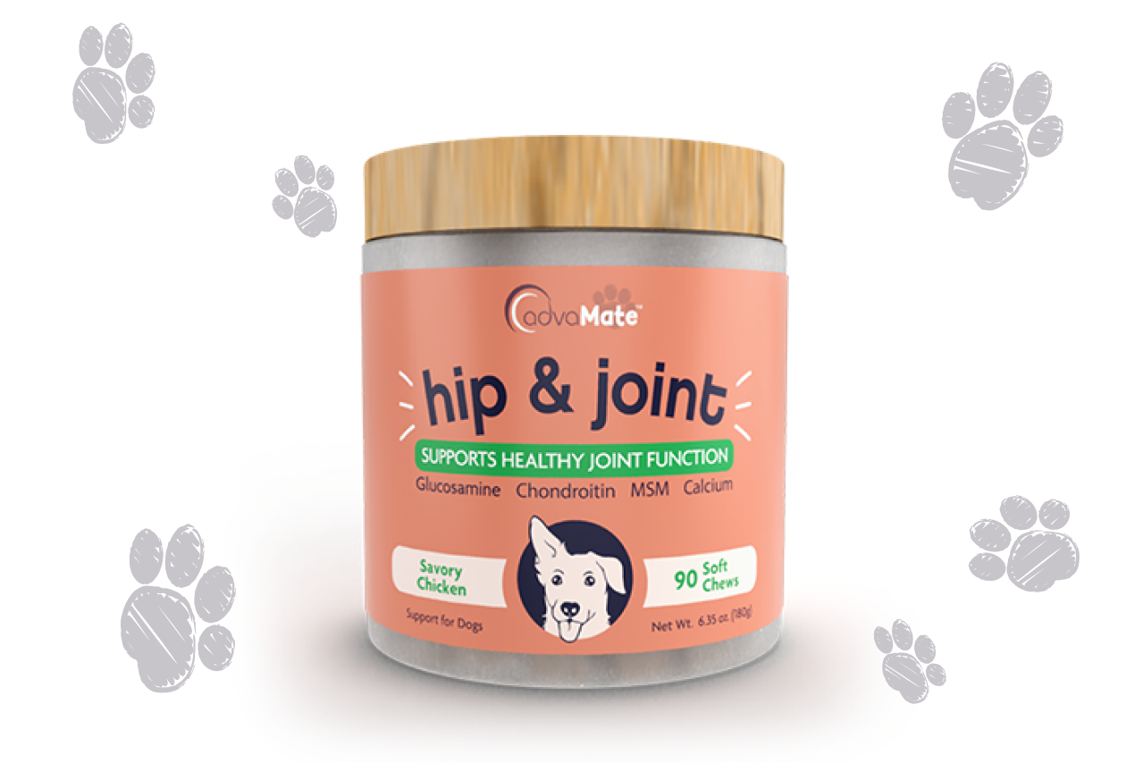 Suplemento AdvaMate para cadera y articulaciones para perros que apoya la salud articular con glucosamina y condroitina.