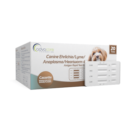 Canine Ehrlichia - Lyme - Anaplasma - Heartworm 4-Combo Test Kit (box of 20 diagnostic tests) Canine Ehrlichia - Lyme - Anaplasma - Heartworm 4-Combo Test Kit (box of 20 diagnostic tests)
