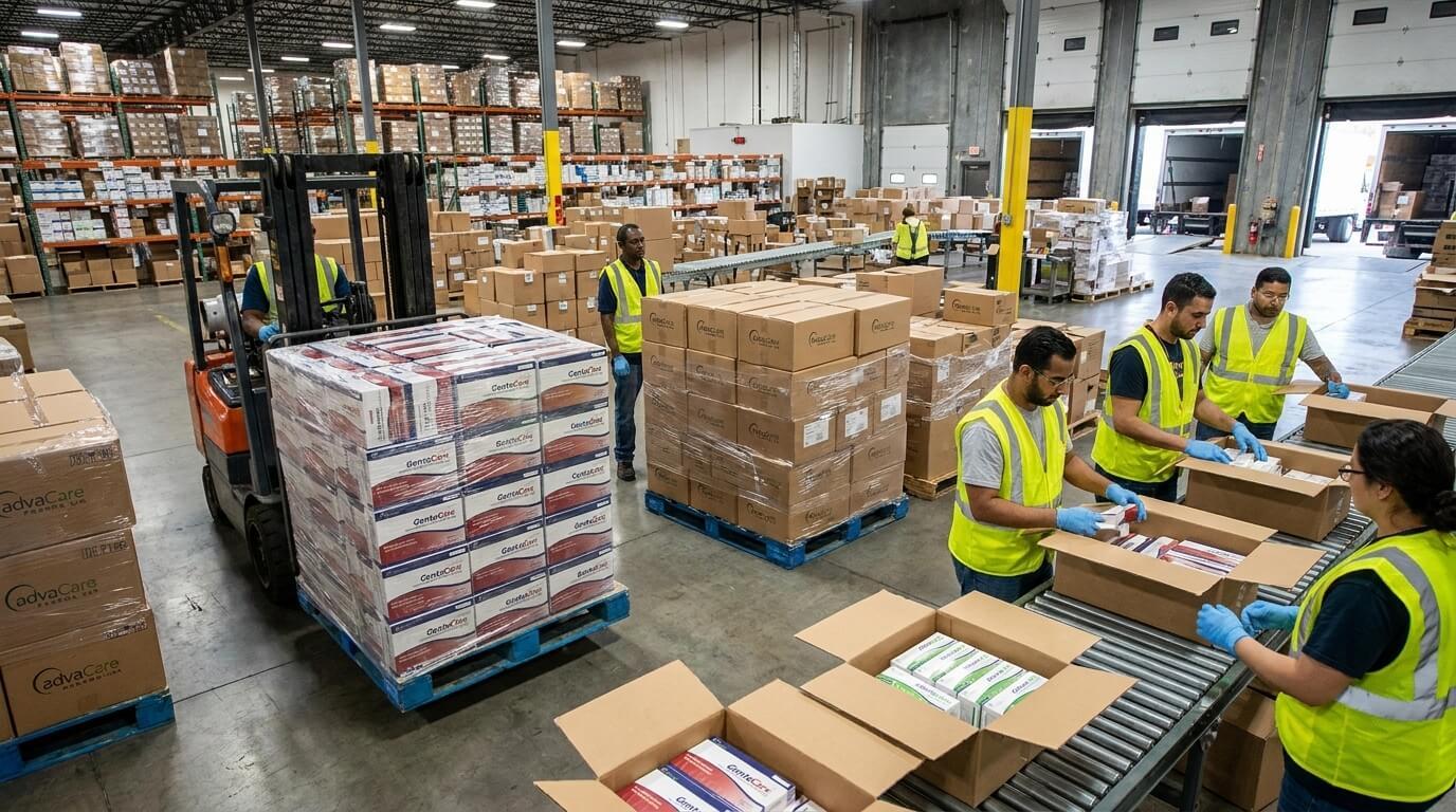 Personal del almacén empacando productos farmacéuticos de AdvaCare en un centro de distribución.