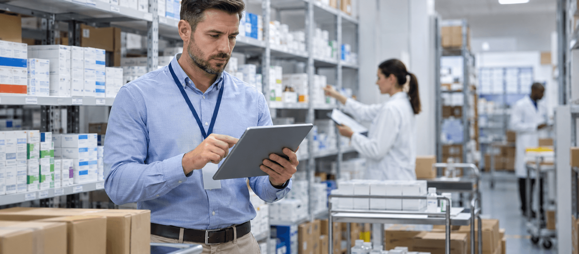 Trabajador de almacén farmacéutico revisando niveles de inventario en una tableta digital cerca de los estantes de medicamentos.