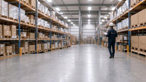 Un travailleur avec un casque de sécurité marchant dans un entrepôt industriel avec des boîtes AdvaCare Pharma sur les étagères.