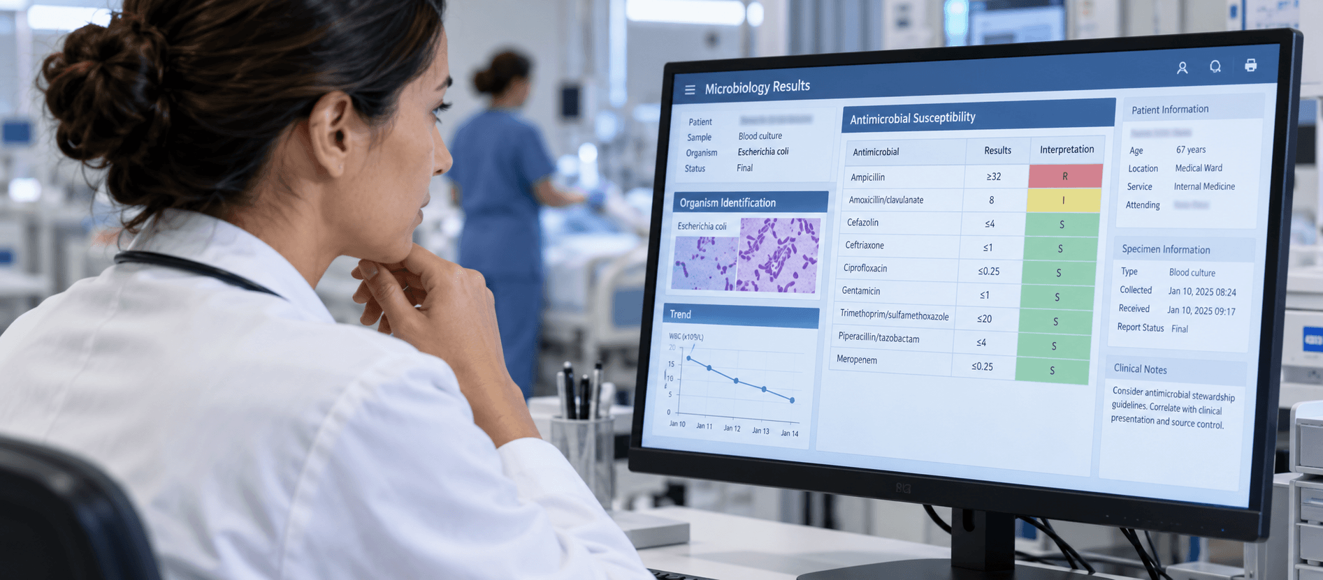Médico revisando resultados de susceptibilidad antimicrobiana microbiológica en una pantalla de computadora en un hospital.