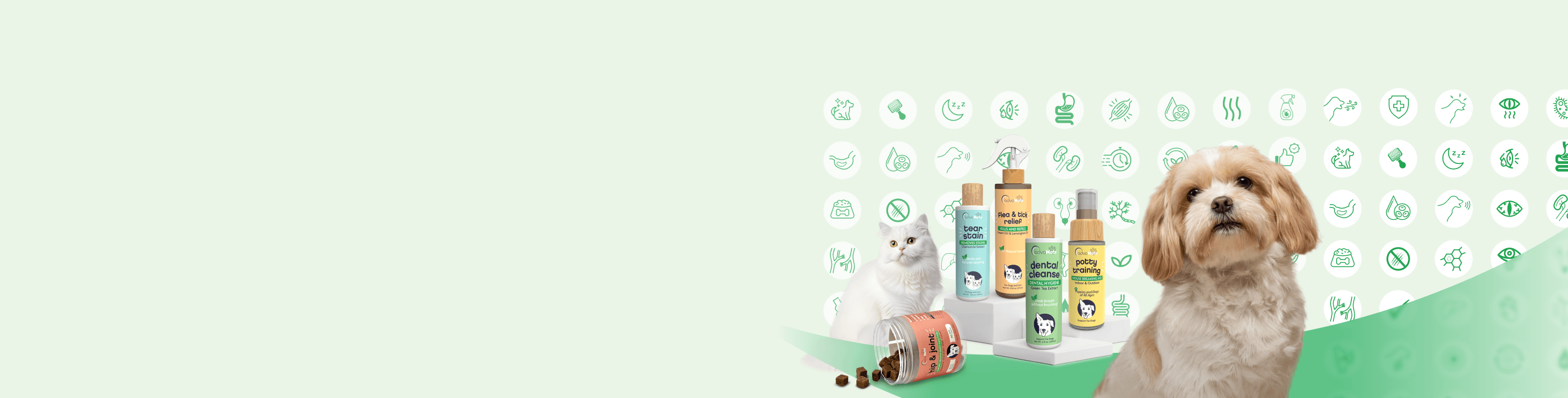 A white cat and a fluffy brown dog sitting next to a collection of AdvaMate pet care products, including Hip & Joint chews, Dental Cleanse, and Flea & Tick relief.