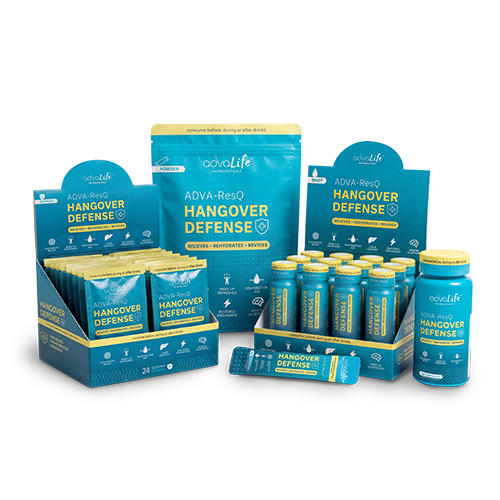 Suplemento para la resaca (formatos de gomita, bebida, comprimido y polvo de AdvaLife Adva-ResQ con DHM y NAC para la prevención de la resaca).