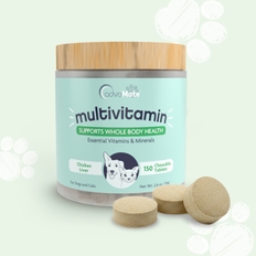 Complément multivitaminé en comprimés à croquer pour chiens et chats, vitamines et minéraux essentiels.