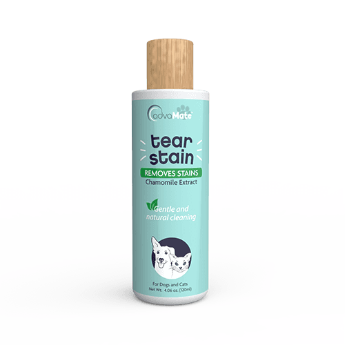 AdvaMate tear stain remover solution bottle for dogs and cats with chamomile extract.