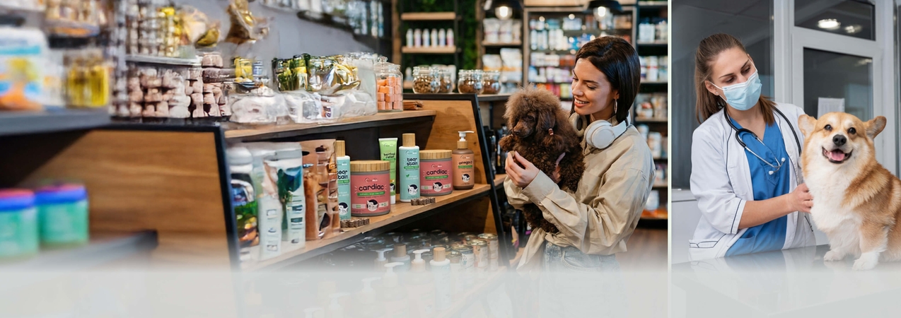 Produits de soins pour animaux exposés dans un magasin de détail à côté d'une femme tenant un petit chien, contrastant avec une vétérinaire professionnelle en masque et blouse blanche soignant un Corgi.