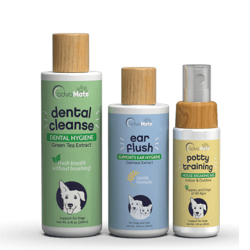 Produits de soins AdvaMate incluant nettoyage dentaire, lavage d'oreilles et flacons pulvérisateurs pour l'apprentissage de la propreté.