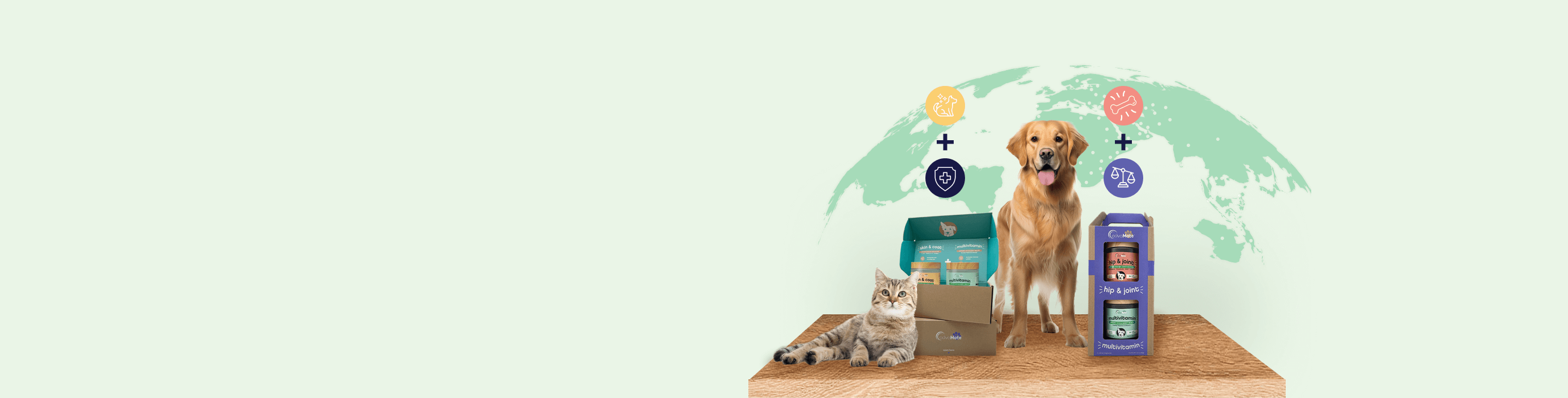 A golden retriever and a tabby cat sitting next to a variety of AdvaMate pet supplements, including multivitamin and hip & joint formulas, set against a green global map background.
