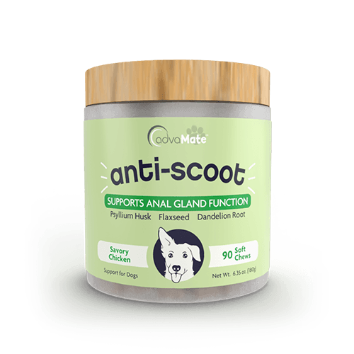 AdvaMate anti-scoot soft chews bottle for dog anal gland support.