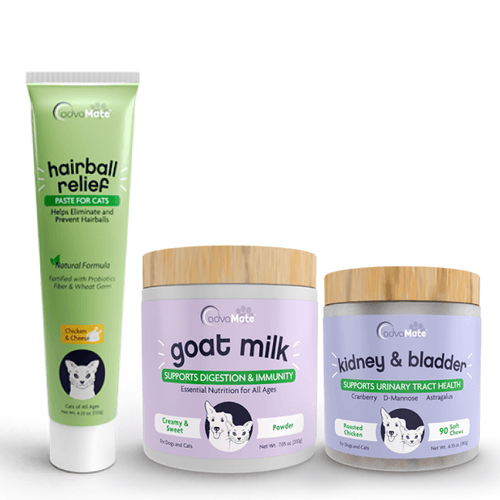 Productos de salud para mascotas AdvaMate que incluyen pasta para el alivio de bolas de pelo, leche de cabra en polvo y masticables suaves para riñón y vejiga.