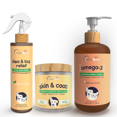 Productos de salud para mascotas AdvaMate que incluyen spray para pulgas y garrapatas, masticables para piel y pelaje, y botellas de aceite omega-3.