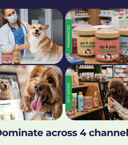 Produits de compléments pour animaux AdvaMate distribués via les canaux vétérinaires, pharmaceutiques, de détail et en ligne.
