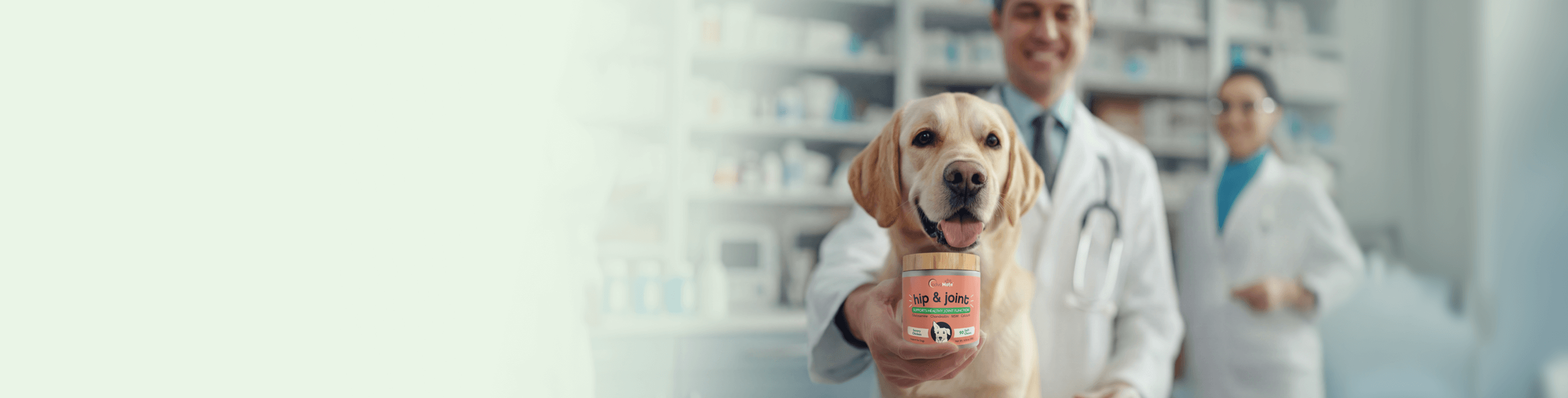 Un golden retriever assis avec un vétérinaire en clinique, présentant un flacon de compléments AdvaMate pour les articulations et les hanches.