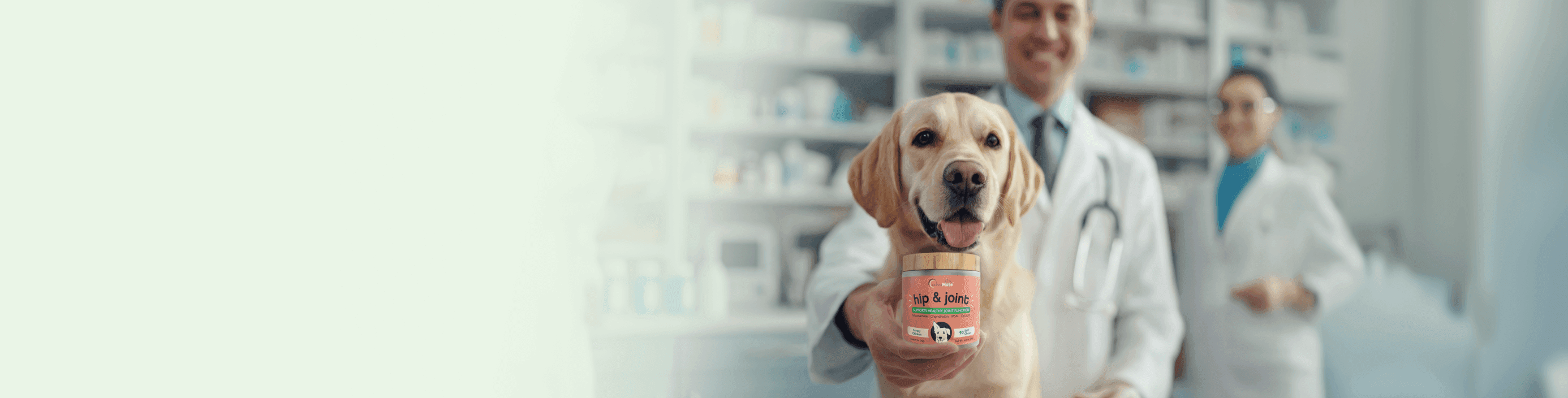 A golden retriever sitting with a veterinarian in a clinic, holding a jar of AdvaMate Hip & Joint pet supplements.
