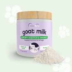 Lait de chèvre en poudre pour chiens et chats, complément naturel pour la digestion et l'hydratation.