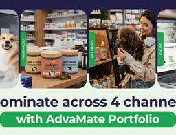 Productos de suplementos para mascotas AdvaMate distribuidos en canales veterinarios, farmacéuticos, minoristas y en línea.
