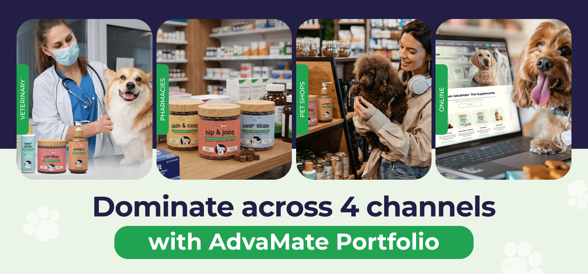 Produits de compléments pour animaux AdvaMate distribués via les canaux vétérinaires, pharmaceutiques, de détail et en ligne.
