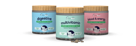 Chewable pet supplement tablets in colorful jars of different quantities.