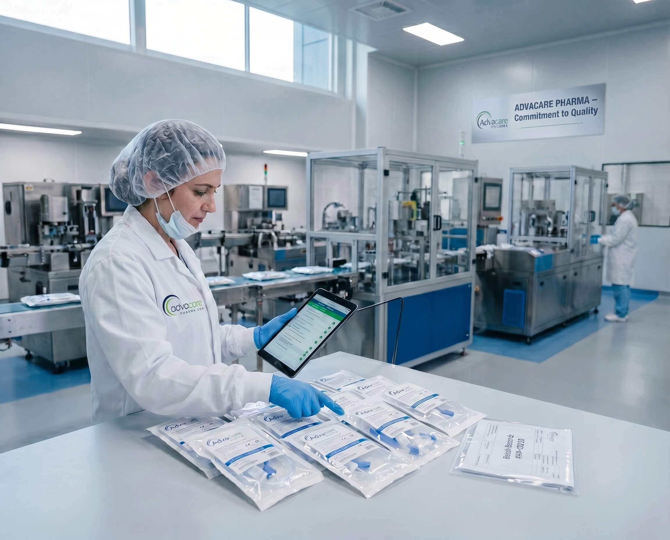 Pharmaceutical technician inspecting medical products in a modern manufacturing clean room facility.
