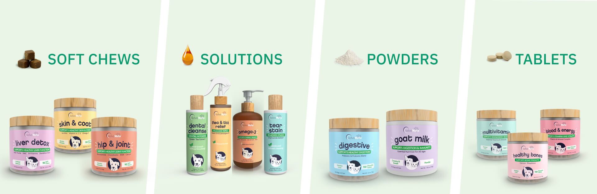 Portfolio de produits de santé animale AdvaMate présentant divers compléments à croquer, solutions topiques, poudres et comprimés.