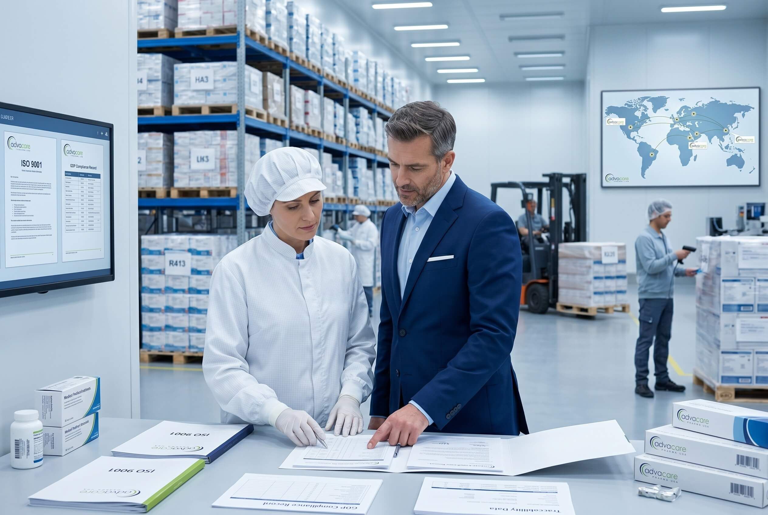 Almacén farmacéutico de AdvaCare Pharma revisando documentos de cumplimiento.