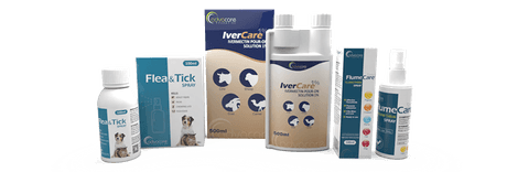 Formulaciones de medicamentos veterinarios terapéuticos para unción dorsal puntual en envases de diferentes tamaños.