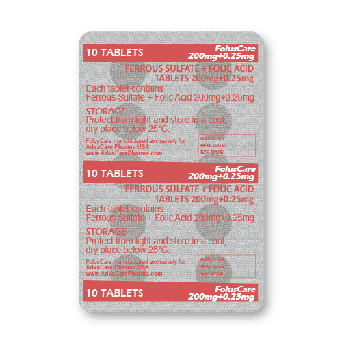 Ferrous Sulfate + Folic Acid Tablets (blister of 10 tablets)